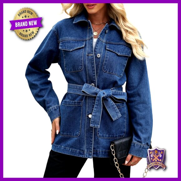 Oversized Denim Jacket Women Mid Long Classic Trendy With Belt Pockets